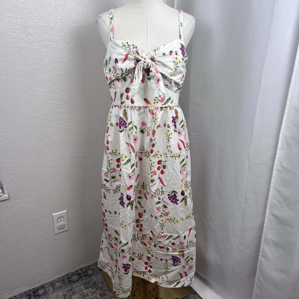 Old Navy Midi Dress Womens Large Floral Fruit Print Tie Front Cotton Cottagecore
